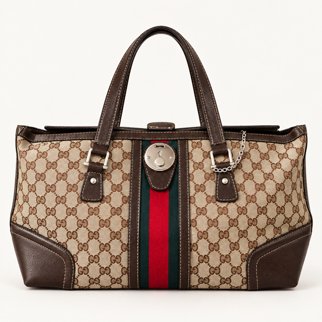 Sac Gucci beige et marron avec bande verte et rouge, vue de face